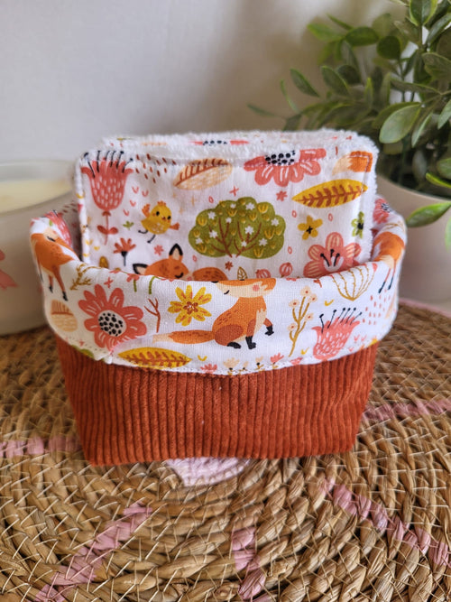 🦊 Panière en velours côtelé brique et motifs renards et ses 10 lingettes lavables en bambou