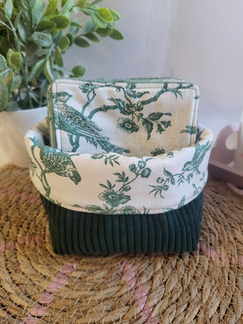 🌿 Lot de 10 Lingettes Lavables en Bambou avec Panière – Motif Vintage Oiseaux